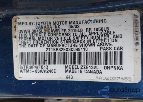 2003 Toyota Matrix Xr z USA, uszkodzony, nr VIN 2T1KR32EX3C048110